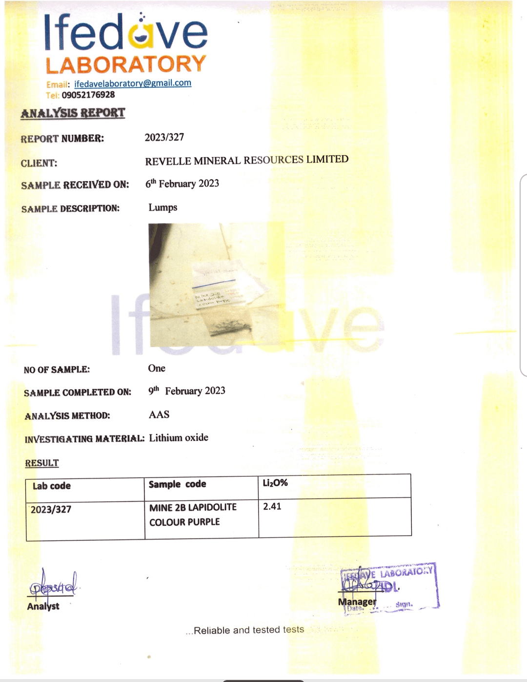 Nigeria Laboratory Analysis (Pit 2B)